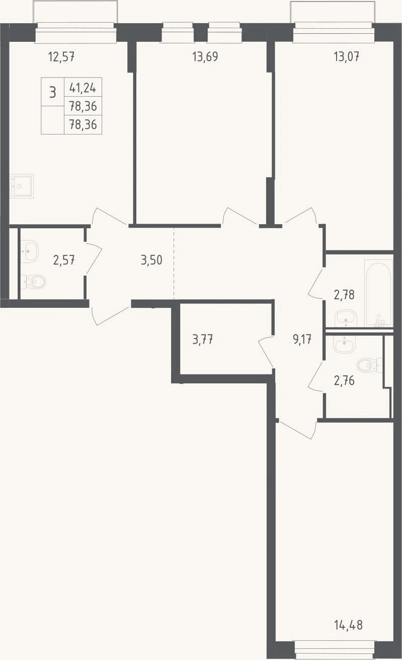 Планировка: 3-к, 76,8 м²