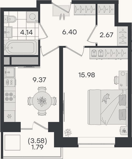 Планировка: 1-к, 38,6 м²