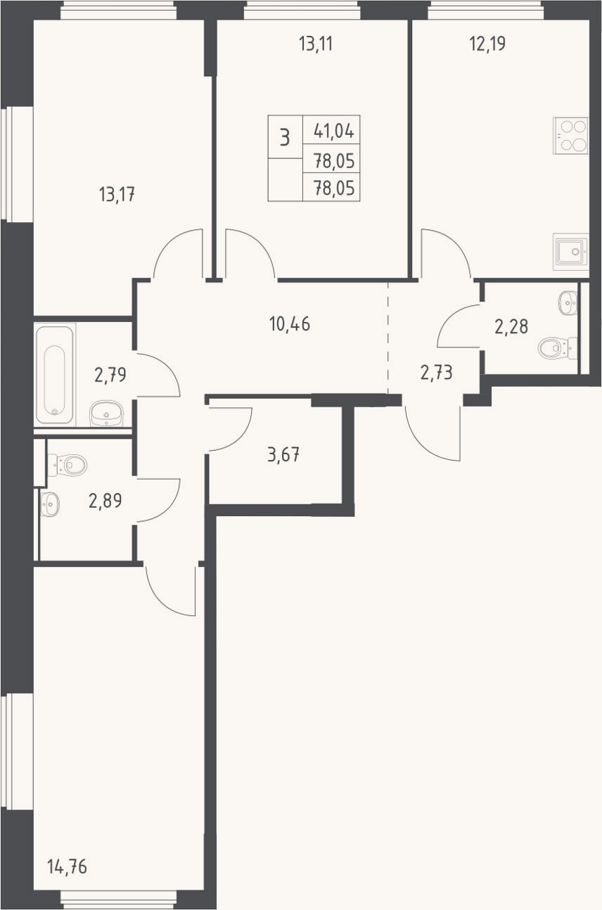 Планировка: 3-к, 78,1 м²
