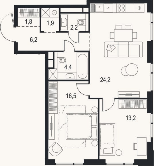 Планировка: 3-к, 70,4 м²