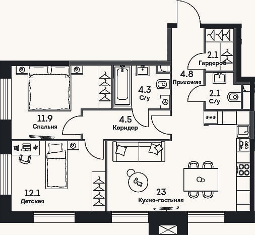 Планировка: 3-к, 65,8 м²