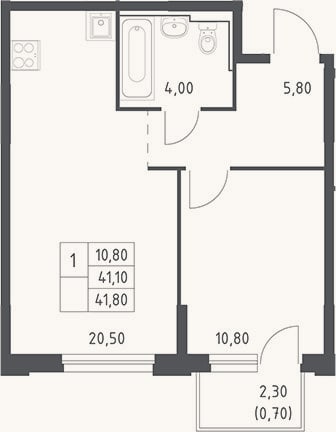 Планировка: 2-к, 41,1 м²
