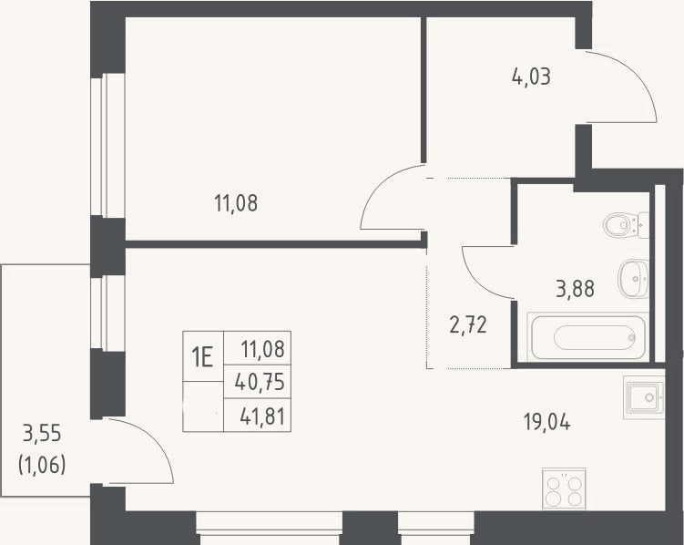 Планировка: 2-к, 40,8 м²