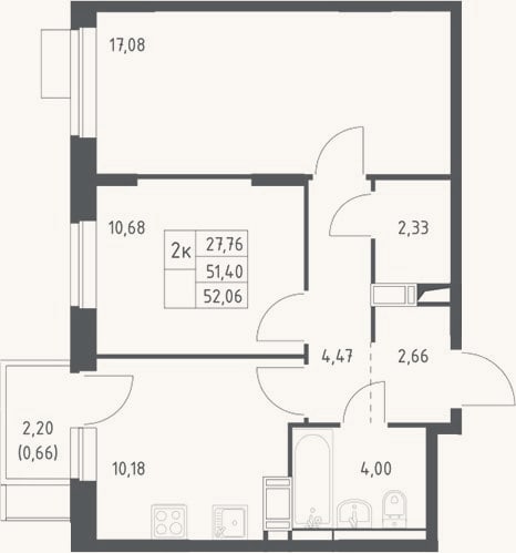 Планировка: 2-к, 51,4 м²