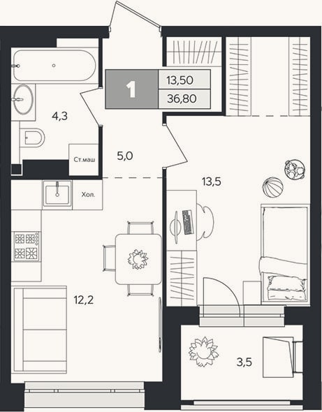 Планировка: 1-к, 35,1 м²
