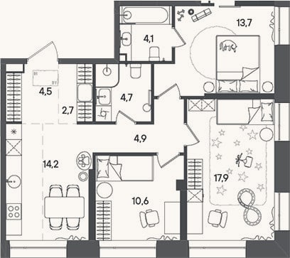 Планировка: 3-к, 81,7 м²