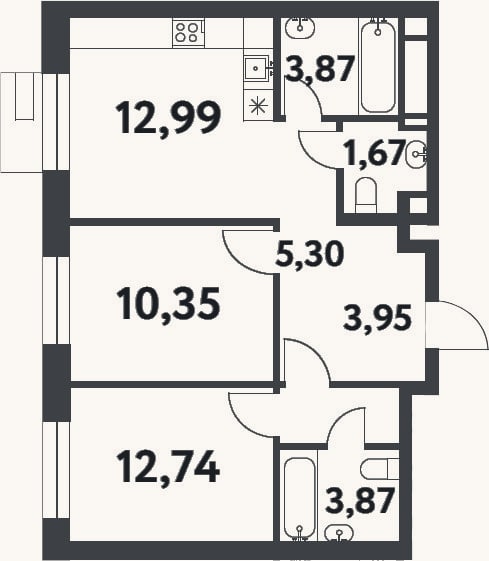 Планировка: 2-к, 54,7 м²