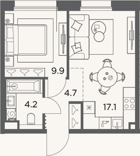 Планировка: 1-к, 35,9 м²