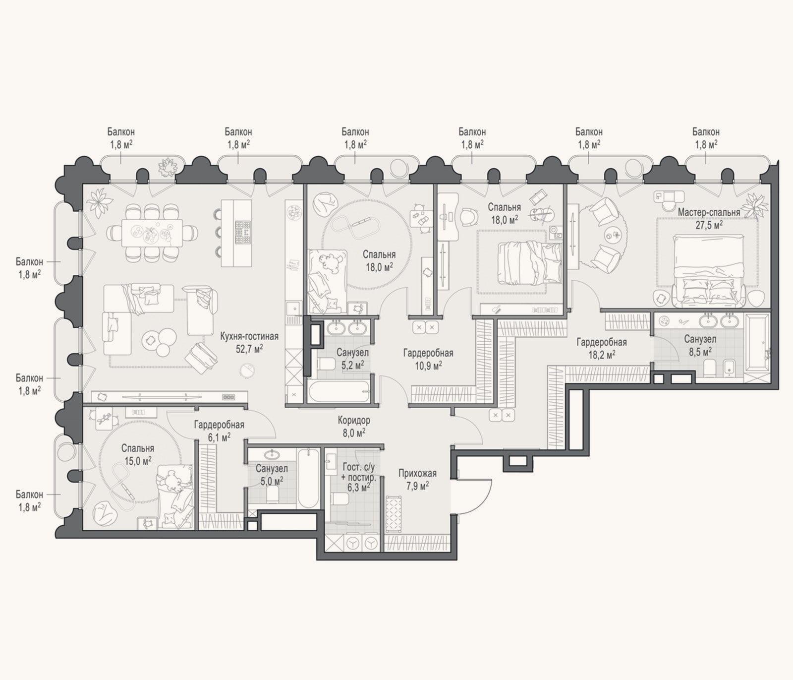 Планировка: 4+ к, 215 м²
