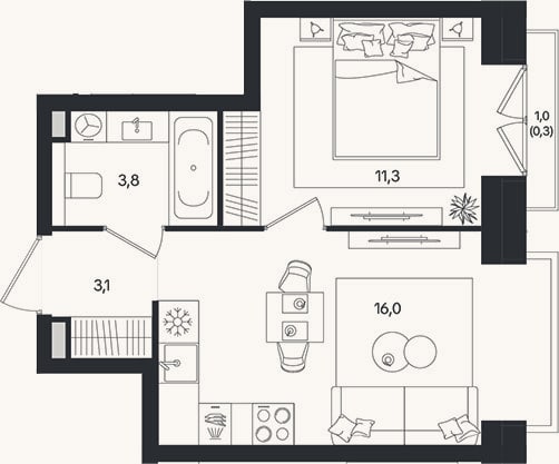 Планировка: 1-к, 34,2 м²