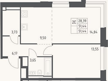 Планировка: 2-к, 51,4 м²