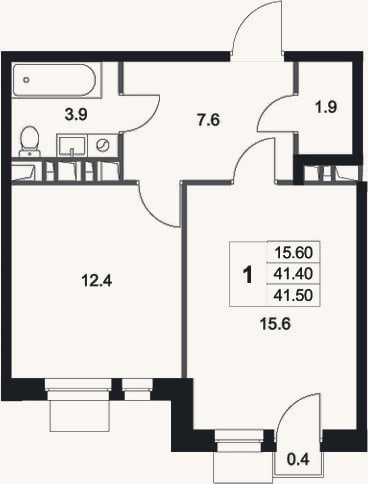 Планировка: 1-к, 41,4 м²