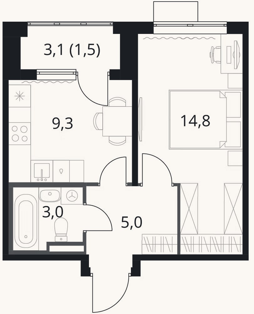 Планировка: 1-к, 32,1 м²