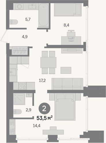 Планировка: 2-к, 53,5 м²