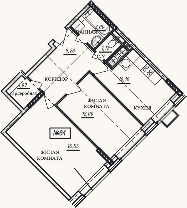 Планировка: 2-к, 54 м²