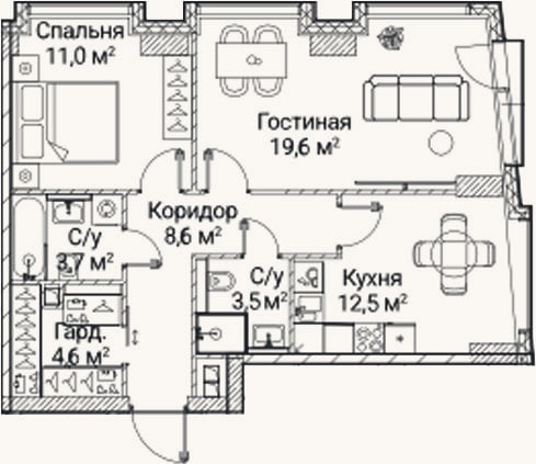 Планировка: 2-к, 63,5 м²
