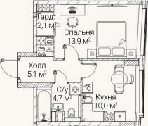 Планировка: 1-к, 36,3 м²