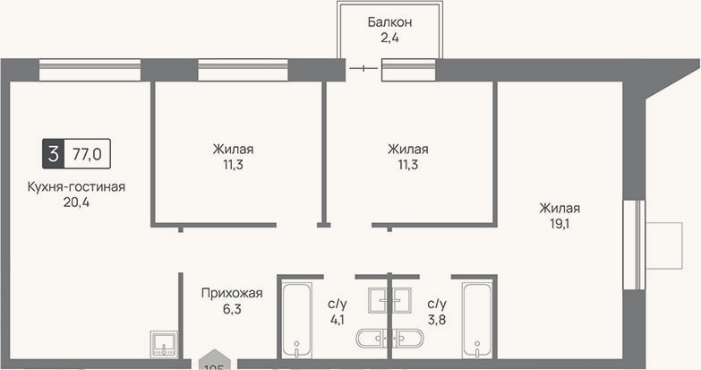 Планировка: 4+ к, 76,3 м²