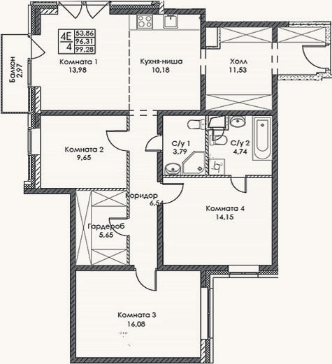 Планировка: 4+ к, 96,3 м²
