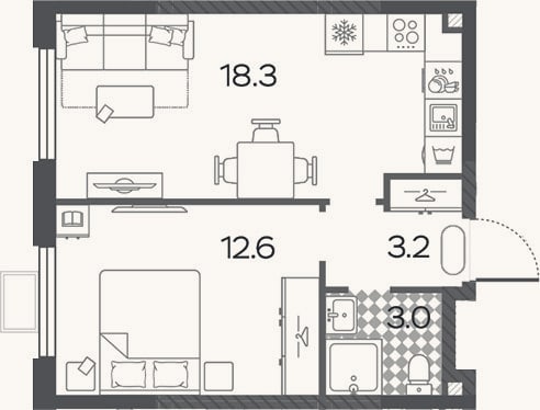 Планировка: 2-к, 37,1 м²