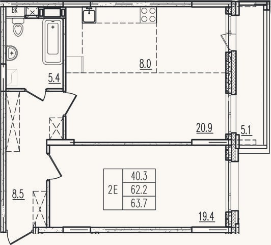 Планировка: 2-к, 62,3 м²