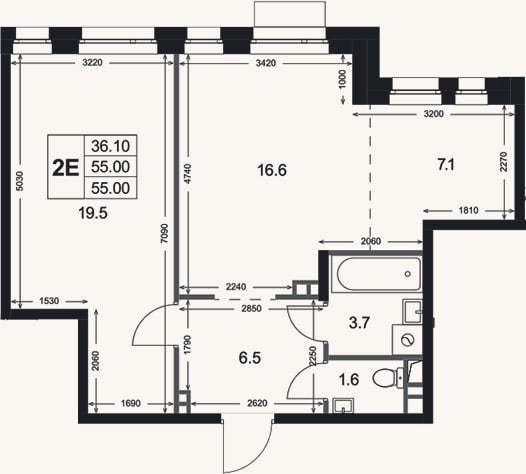 Планировка: 2-к, 55 м²