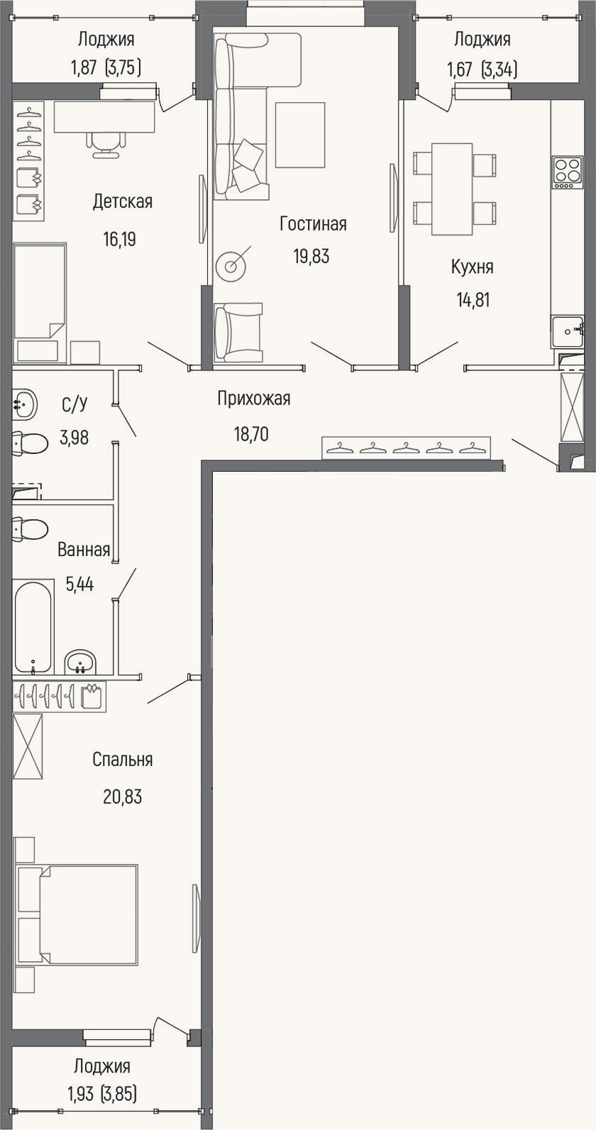Планировка: 3-к, 99,8 м²