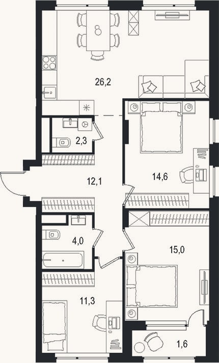 Планировка: 4+ к, 85,5 м²