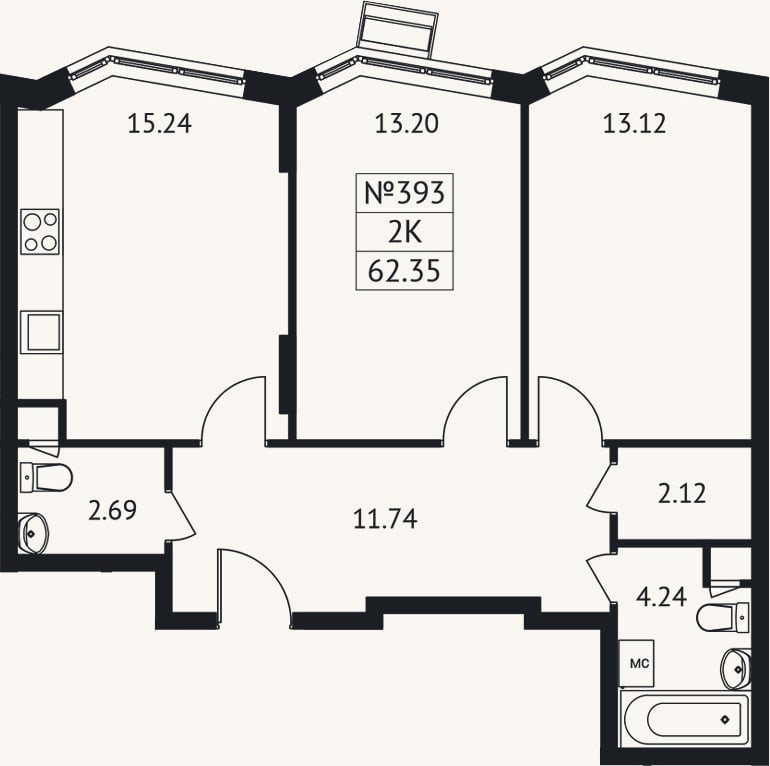 Планировка: 2-к, 62,4 м²