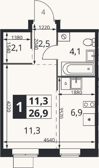 Планировка: Студия, 26,9 м²