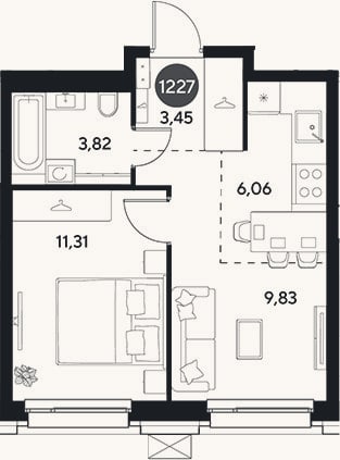 Планировка: 2-к, 34,5 м²