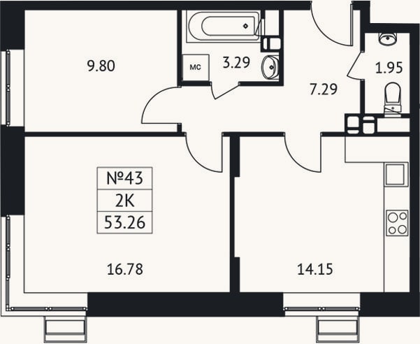 Планировка: 2-к, 53,3 м²
