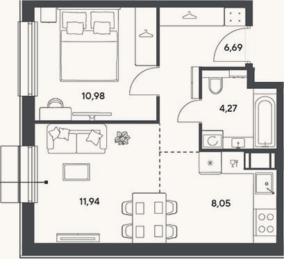 Планировка: 2-к, 41,9 м²