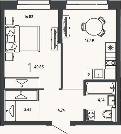 Планировка: 1-к, 40,9 м²