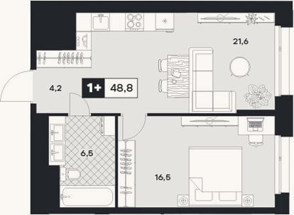 Планировка: 1-к, 48,8 м²