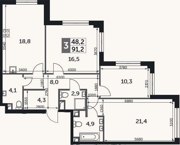 Планировка: 3-к, 91,2 м²
