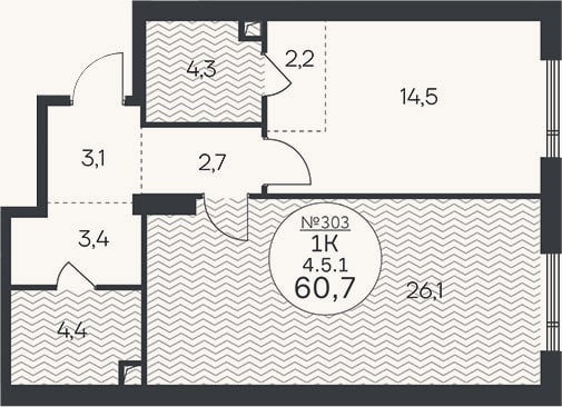 Планировка: 1-к, 60,7 м²