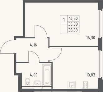 Планировка: 1-к, 35,4 м²
