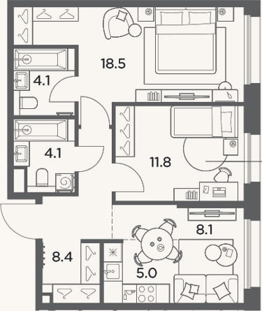 Планировка: 3-к, 60 м²