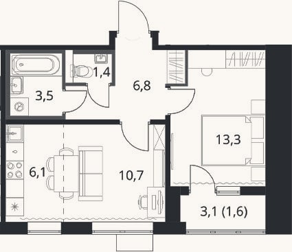Планировка: 1-к, 41,8 м²