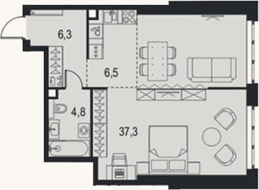 Планировка: 1-к, 54,9 м²