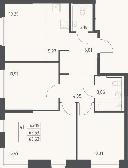 Планировка: 4+ к, 68,5 м²