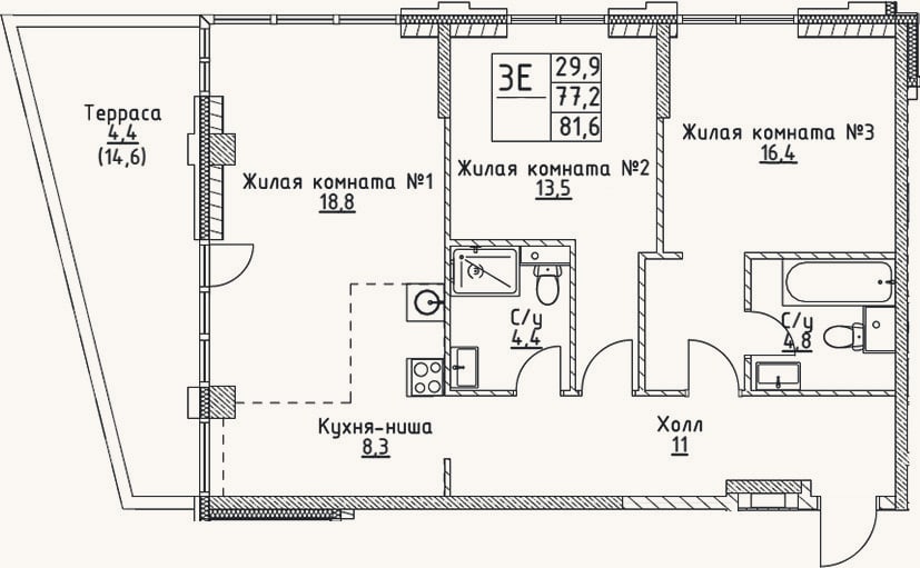 Планировка: 3-к, 77,2 м²