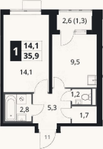 Планировка: 1-к, 34,6 м²