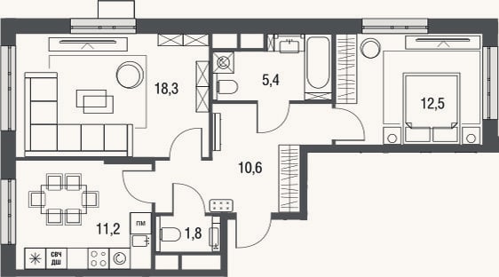 Планировка: 2-к, 59,8 м²