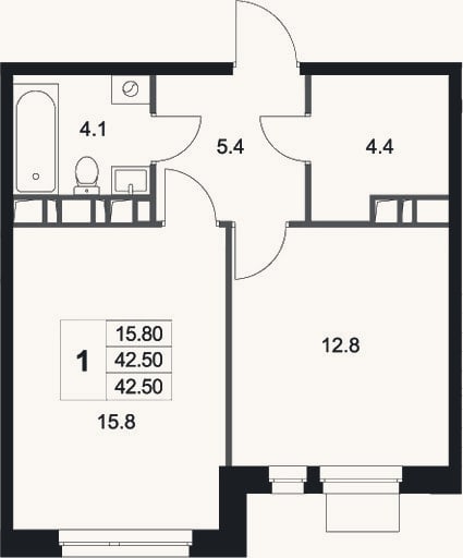 Планировка: 1-к, 42,5 м²