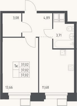 Планировка: 1-к, 37 м²