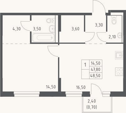 Планировка: 2-к, 47,8 м²
