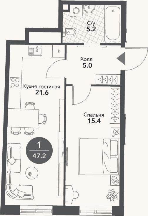 Планировка: 2-к, 47,2 м²