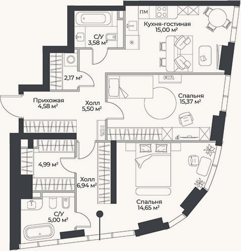 Планировка: 3-к, 77,8 м²